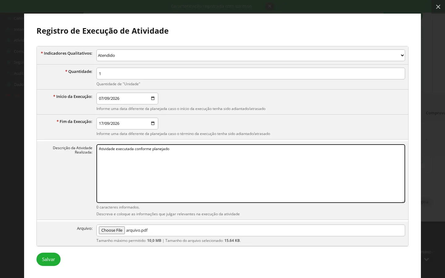 Registro da execução de atividade
