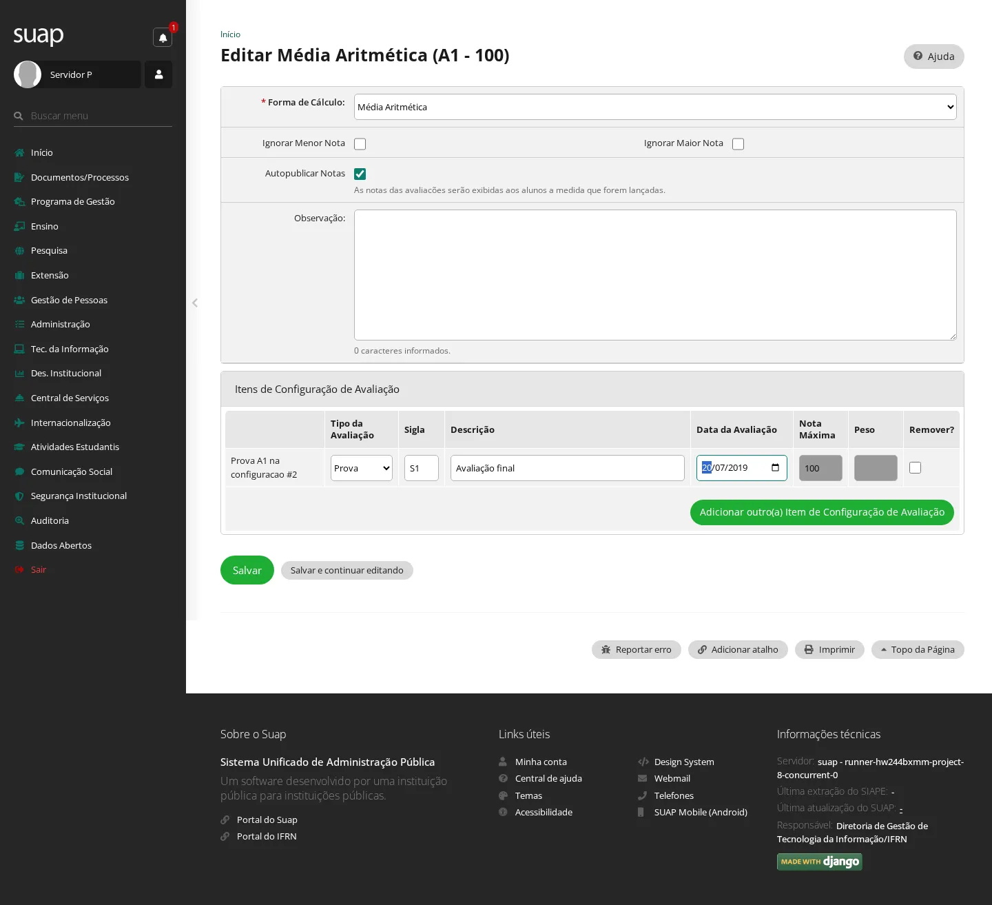 Configuração da forma de avaliação