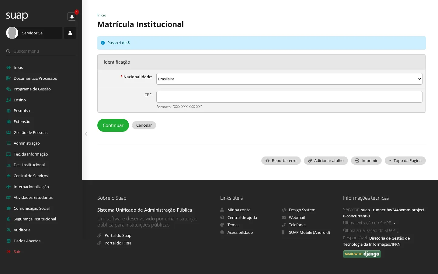 Passo 1 da matrícula institucional