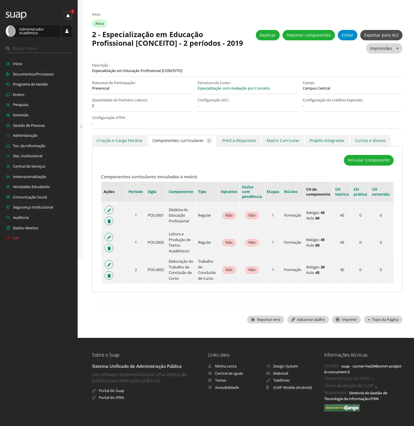 Aba de componentes curriculares da matriz