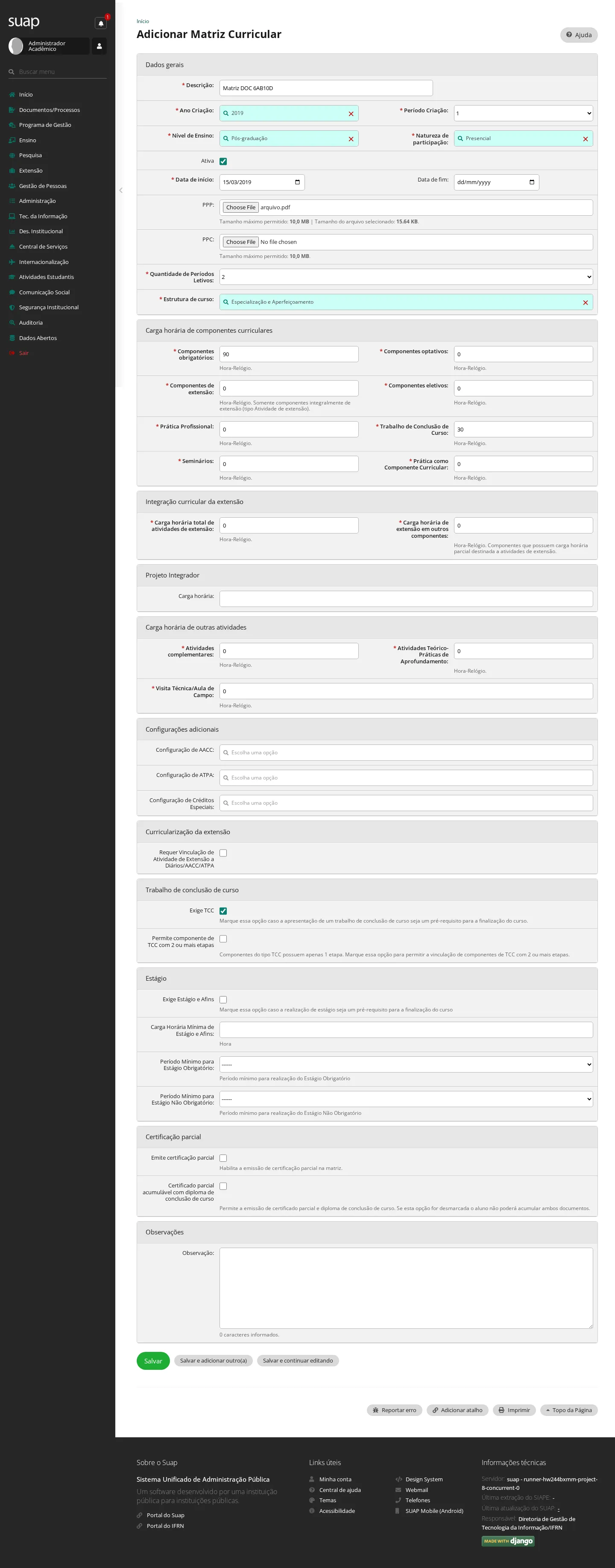 Formulário da matriz curricular