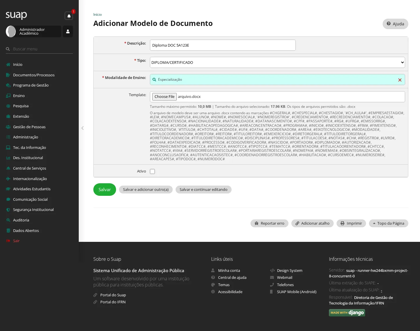 Formulário de modelo de documento