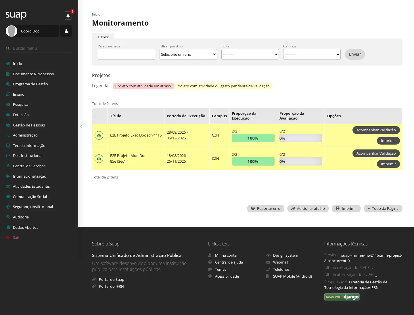 Projetos em execução a monitorar