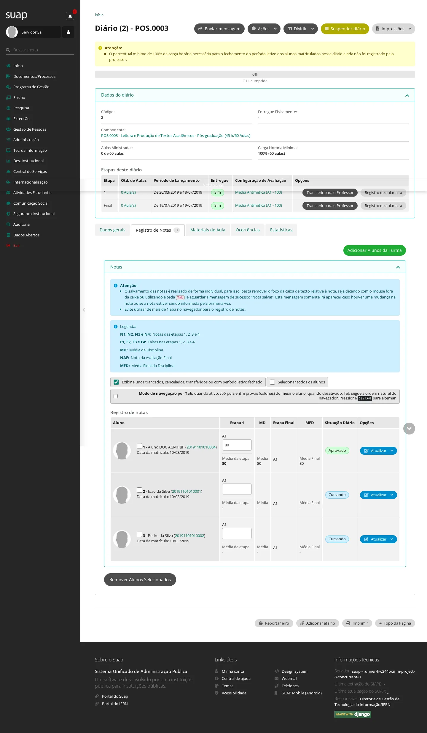 Registro de notas pela secretaria