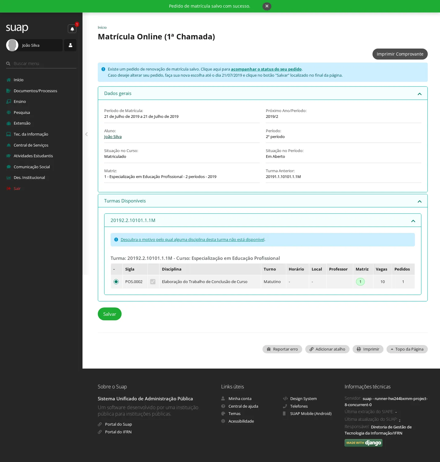 Pedido de matrícula registrado