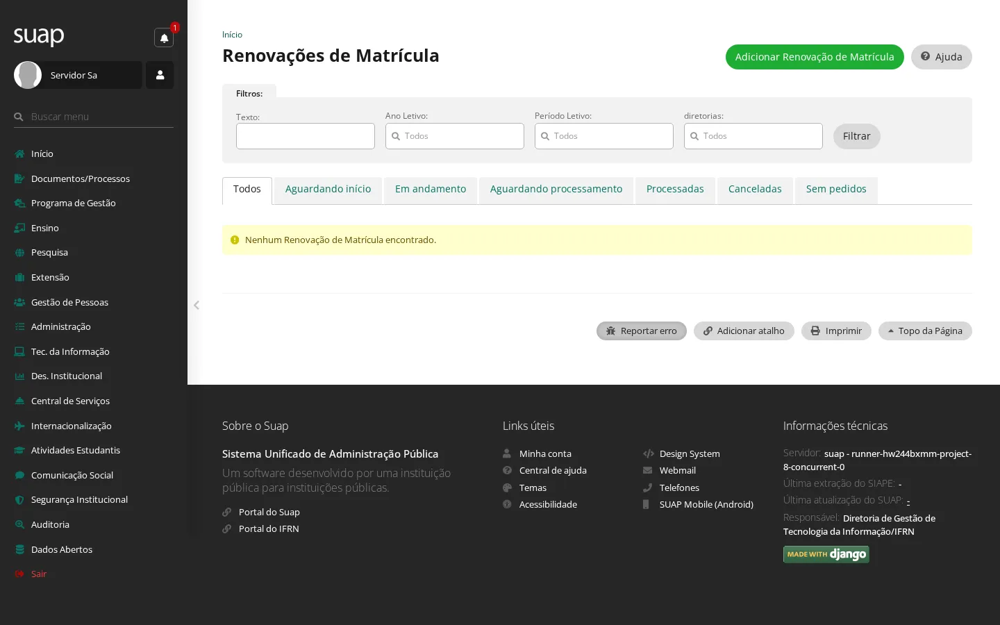 Listagem de renovações de matrícula