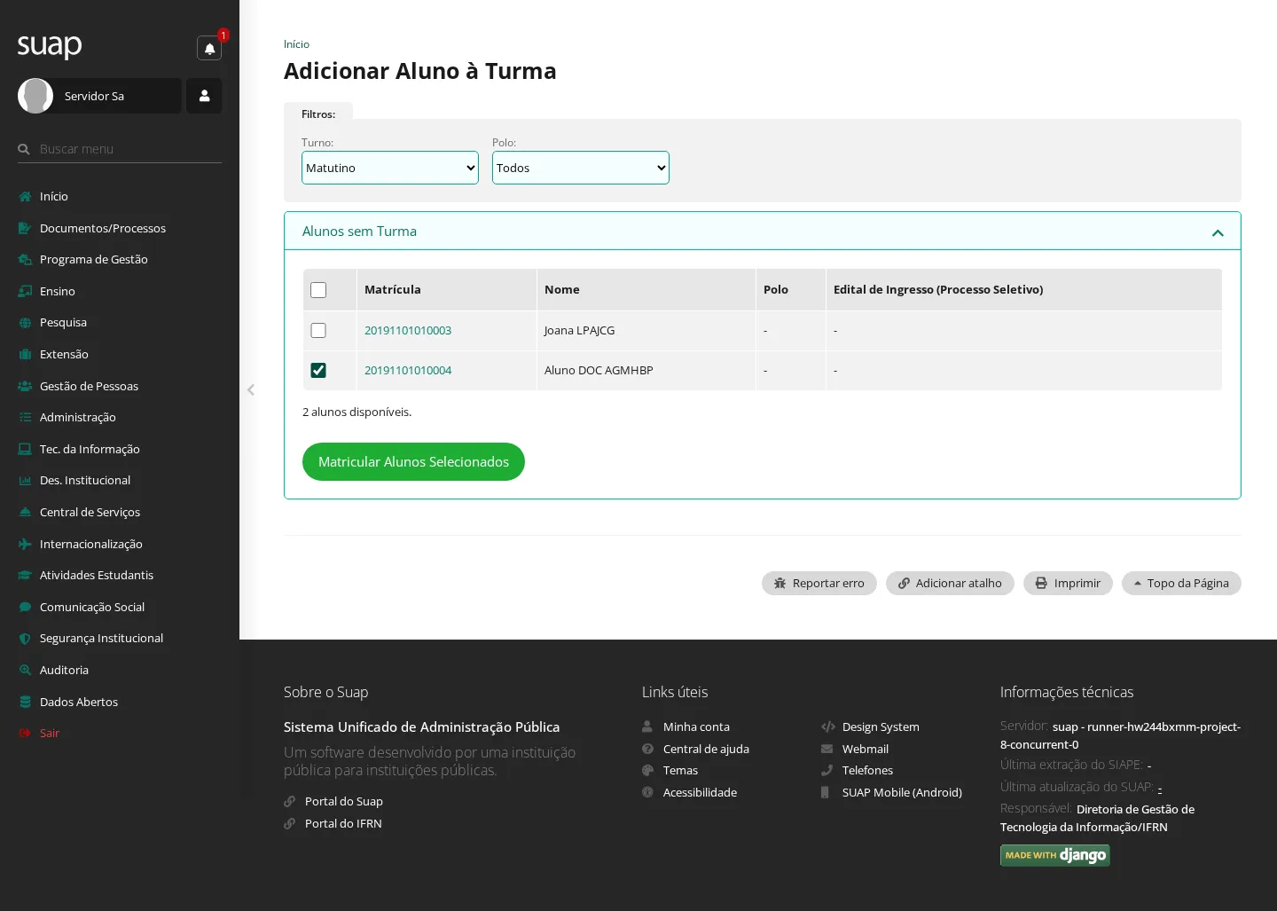 Tela de adicionar alunos à turma