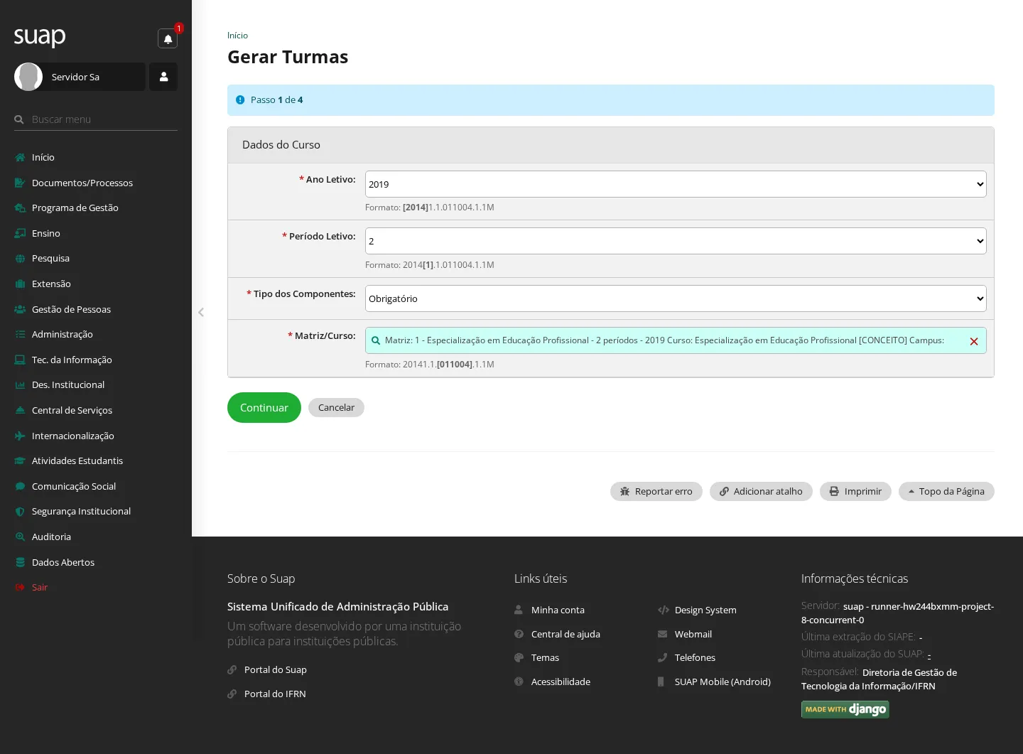 Passo 1 do assistente de turmas