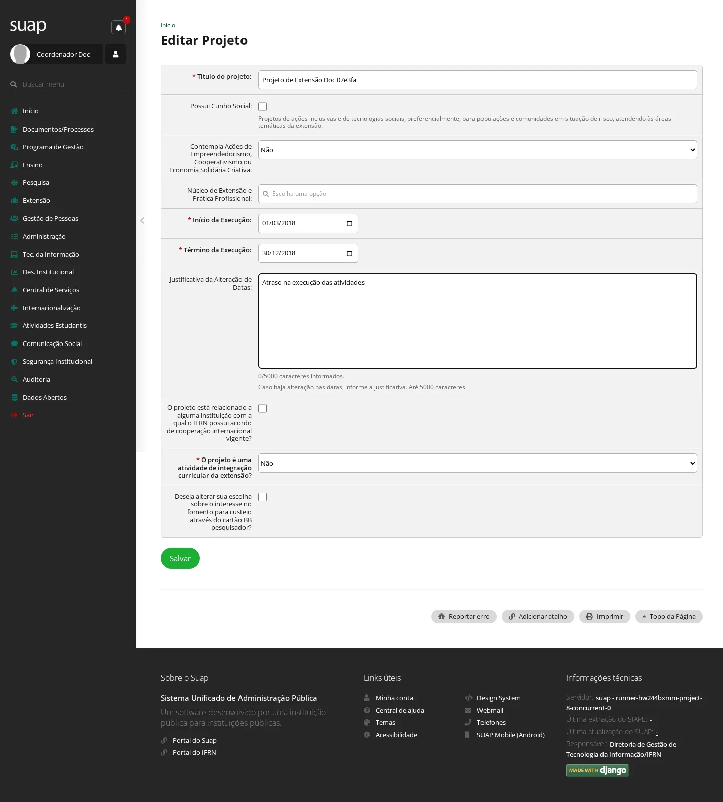 Edição do projeto em execução