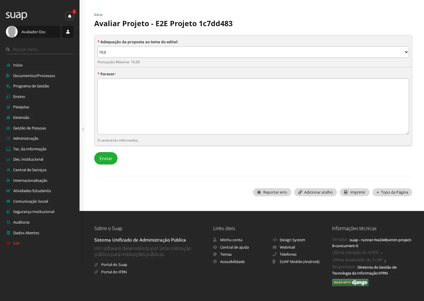 Formulário de avaliação do projeto