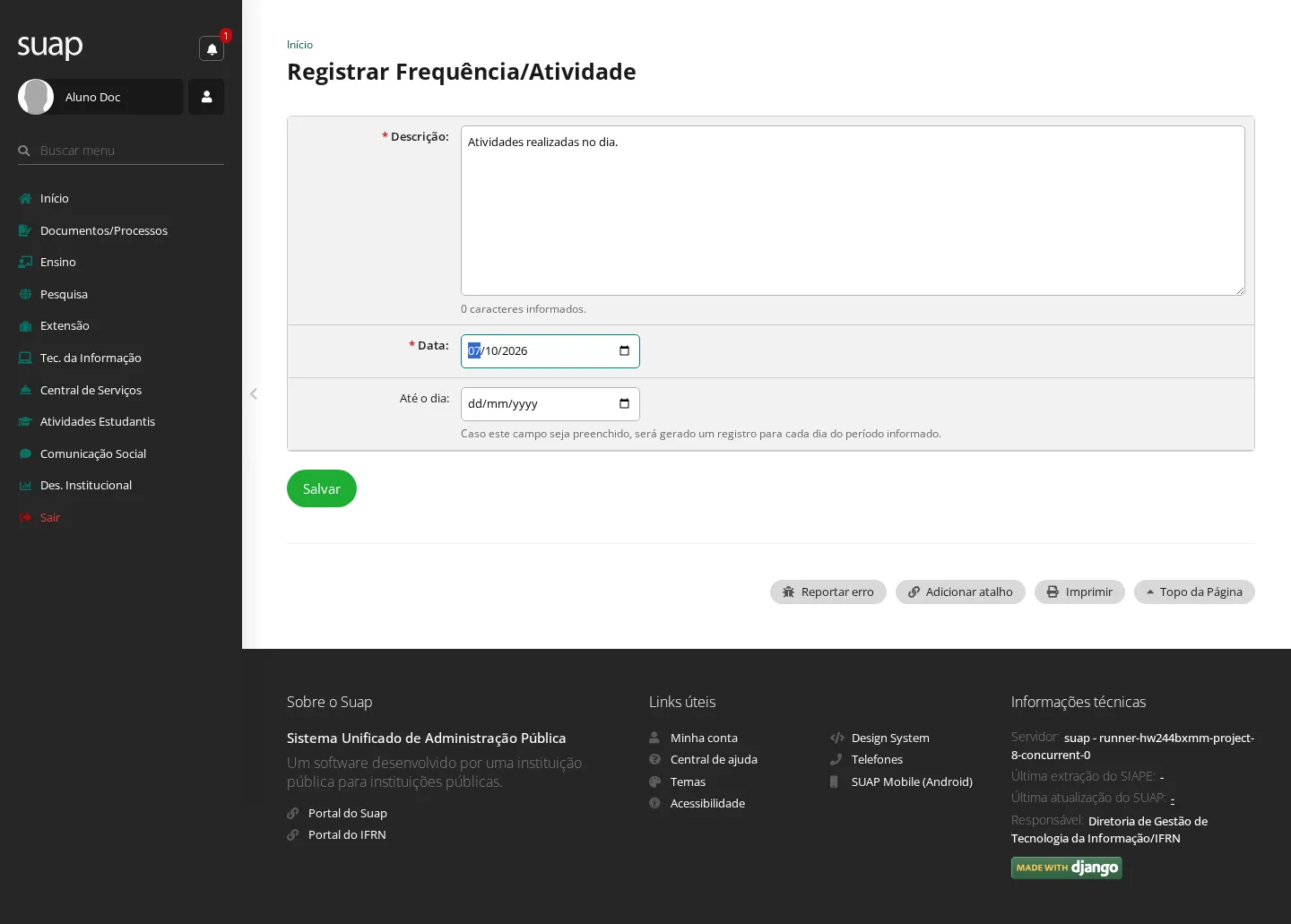 Registro de frequência/atividade