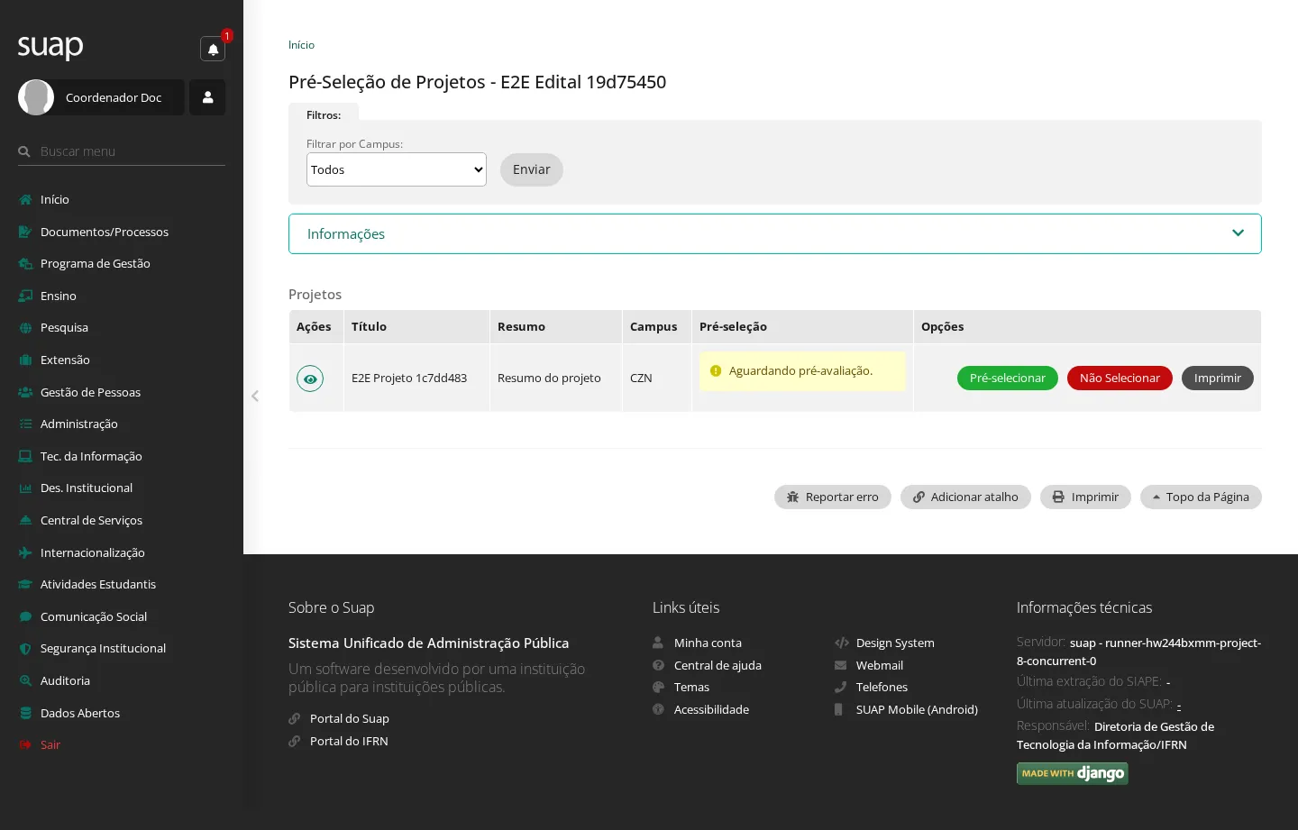 Pré-seleção dos projetos