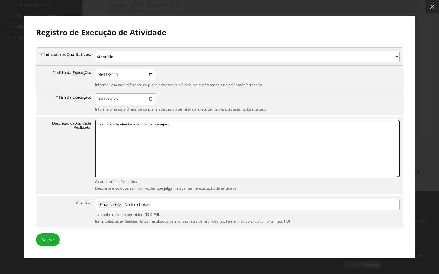 Registro da execução da atividade
