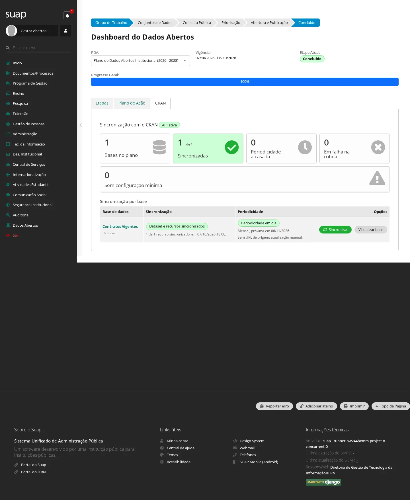 Base sincronizada — logo após o envio, com o progresso ainda em 86% pelo motivo do aviso abaixo