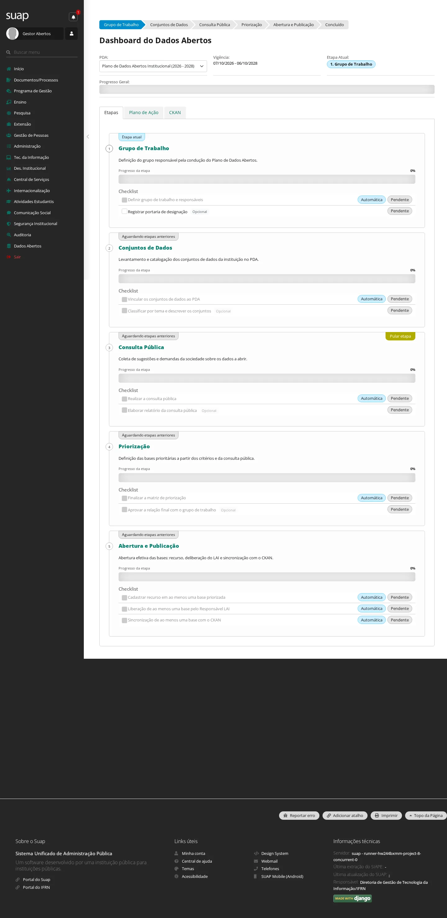 Dashboard, aba Etapas, com o checklist recém-criado