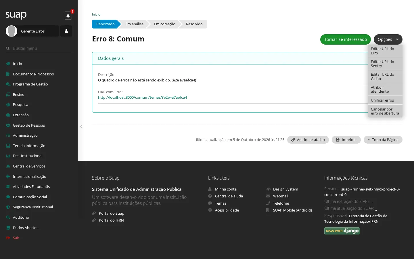 Menu Opções de quem tria a fila