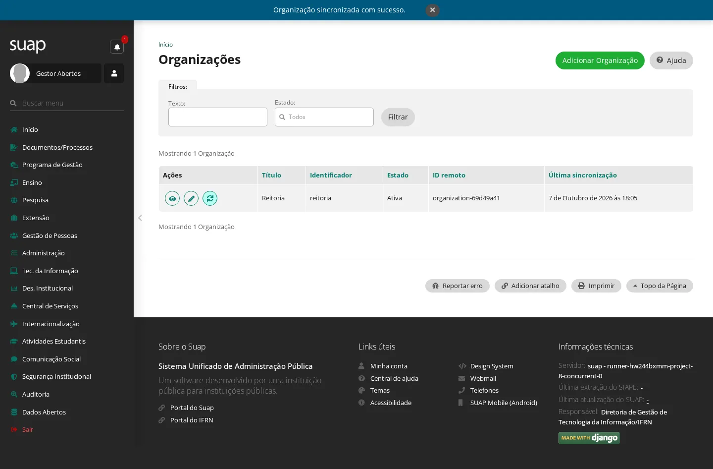 Organização já sincronizada, com ID remoto preenchido