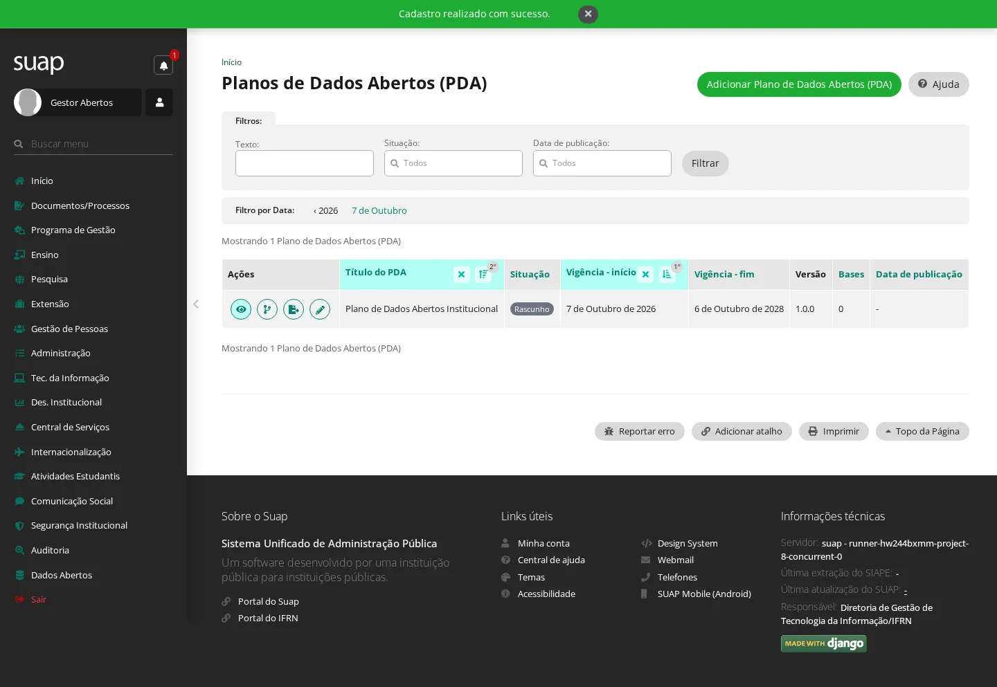Listagem de planos, com os ícones de ação