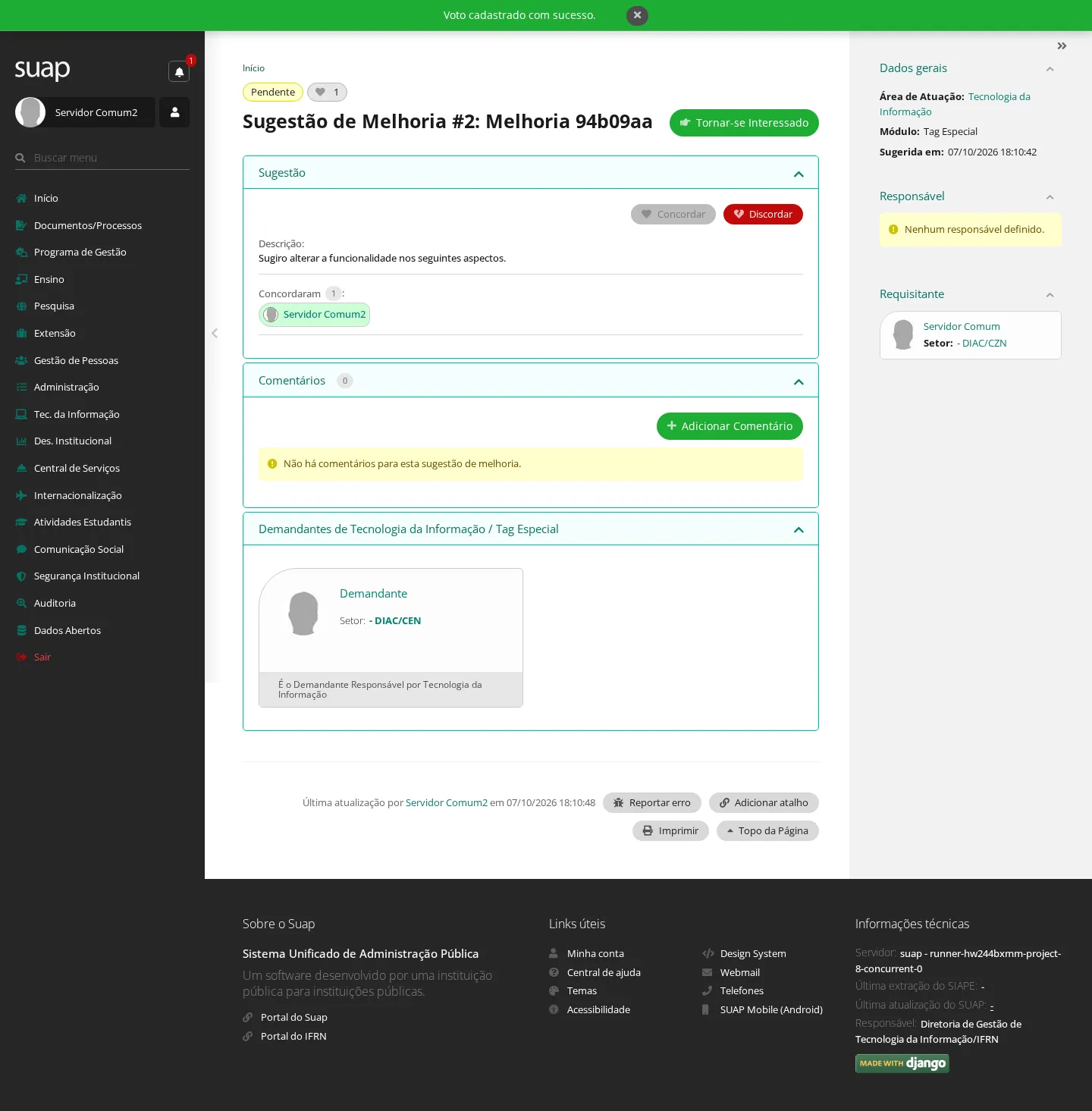 Voto registrado na sugestão
