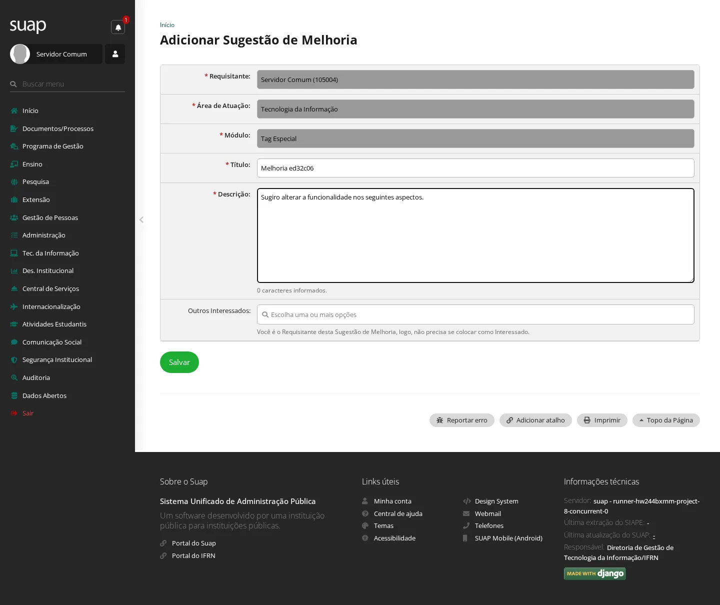 Formulário da sugestão de melhoria