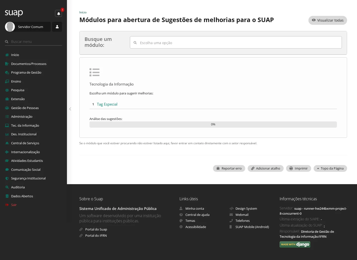 Áreas e módulos para sugestões